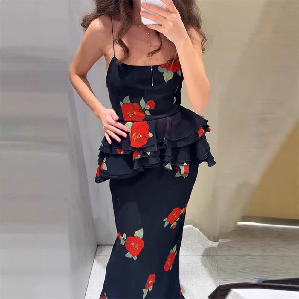 Floral Mesh Split Bodycon Skirt And Camisole Set For Women