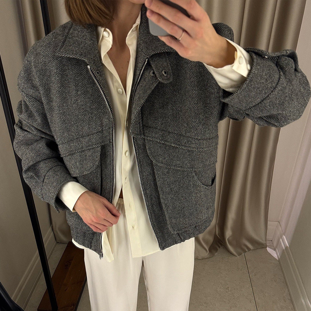 Stand-up Collar Jacket Zipper Top With Pockets Loose Woolen Coat