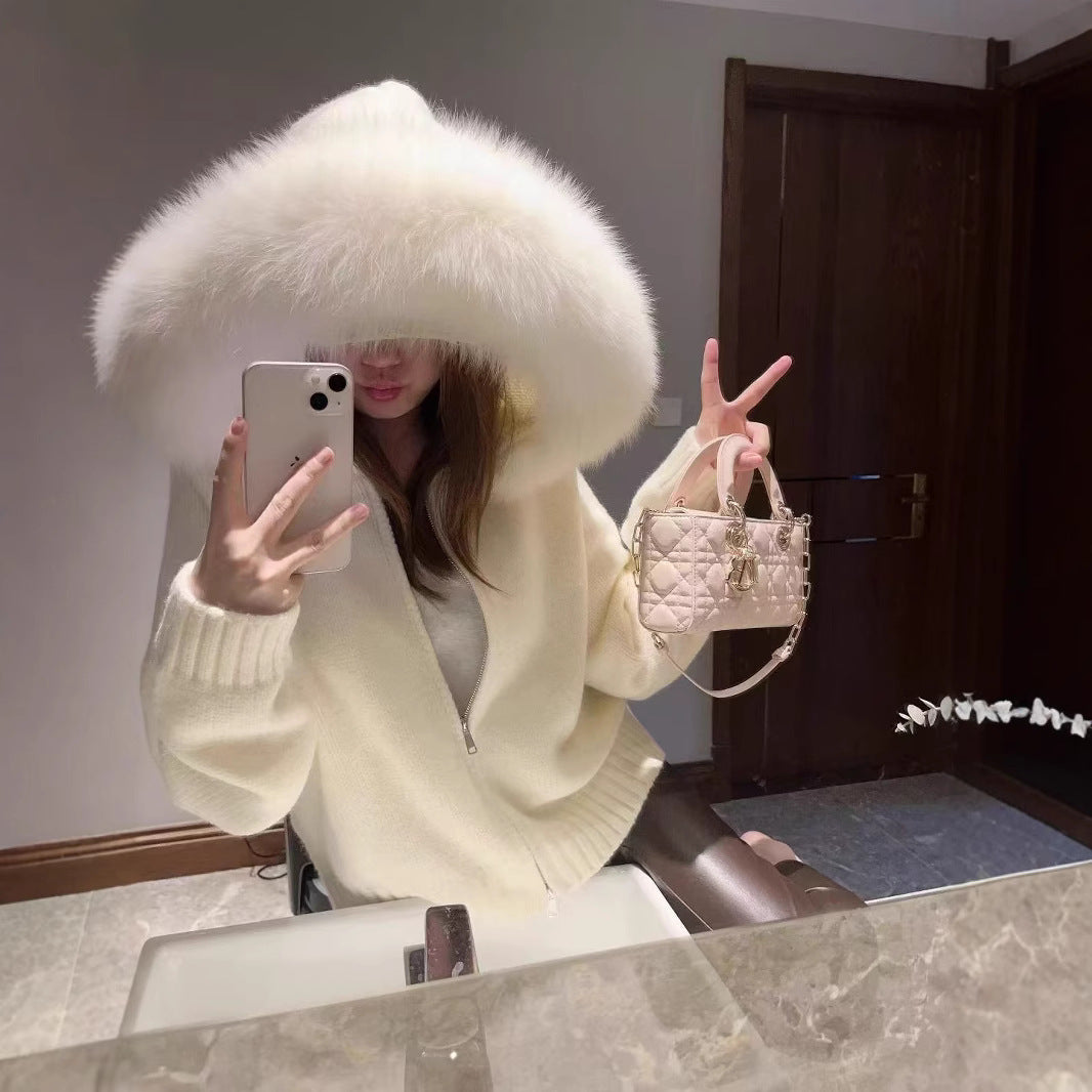 Vintage Knitted Cardigan Long Sleeve Fur Collar Coat
