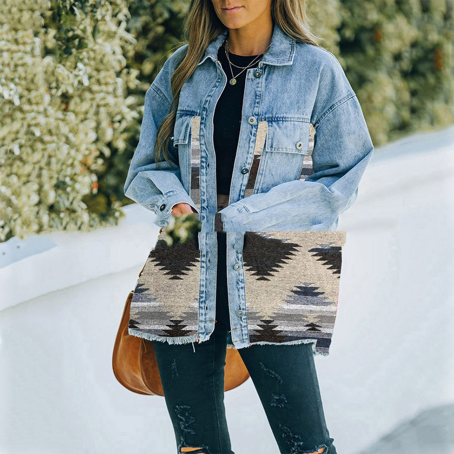 Lapel Pocket Denim Patchwork Wool Coat
