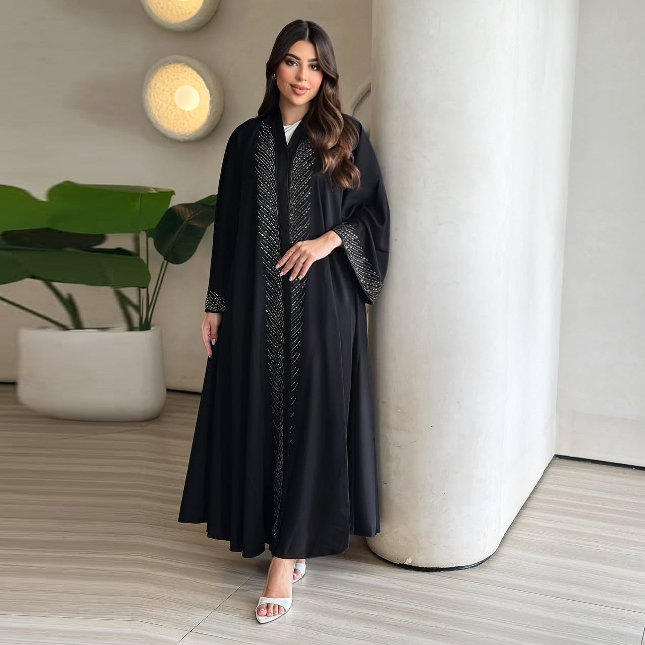 Stylish And Elegant Black Robe With Rhinestone Embellishments
