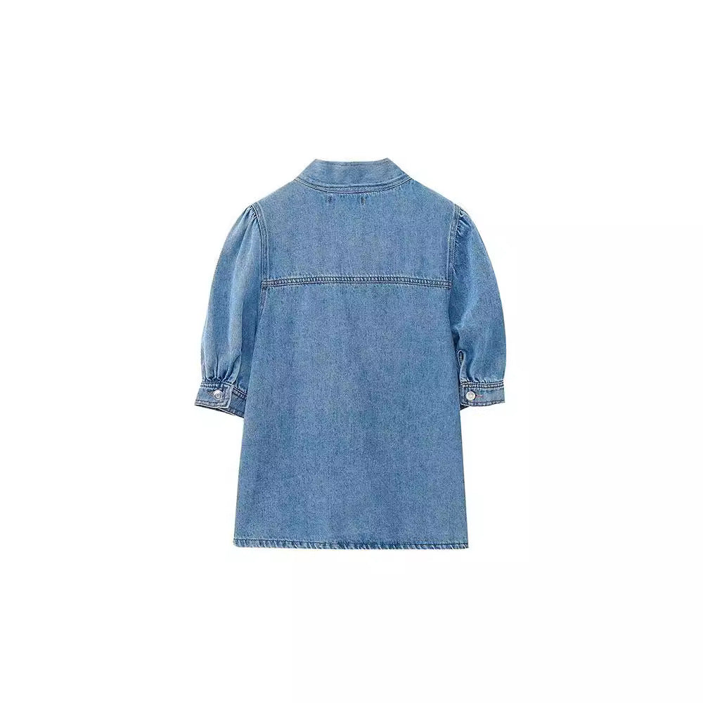Bow-trimmed Denim Shirt Cape Dress Set
