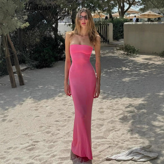 Womens Solid-Color Strapless Sleeveless Backless Dress
