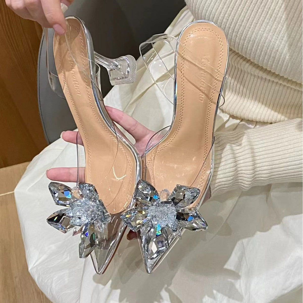 Women's Transparent Crystal Flower High Heels
