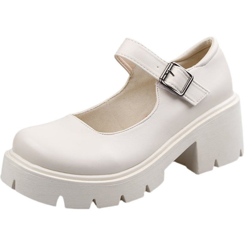 Women's Platform White Round Toe High Heel Leather Shoes