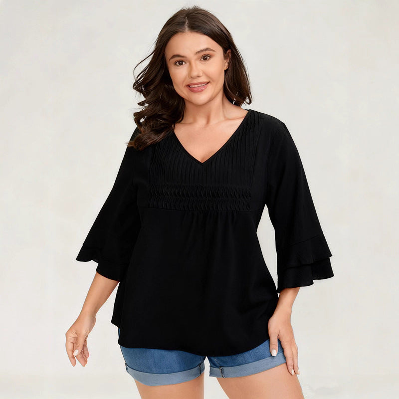 Loose Solid Color Ruffled V-neck Three-quarter Sleeve Top