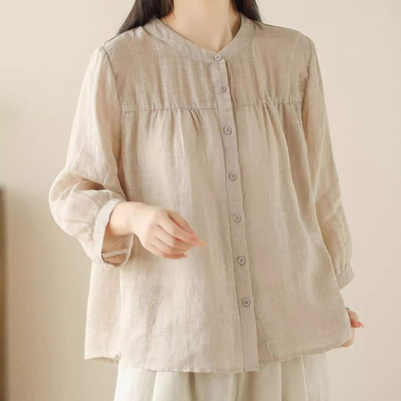 Simple Style Elegant Cotton And Linen Three-quarter Sleeve Stand Collar Shirt For Women