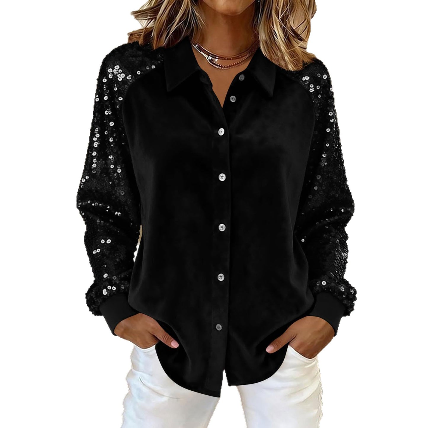 New Womens Long-sleeve Shirt In Gold Velvet With Sequin Patchwork