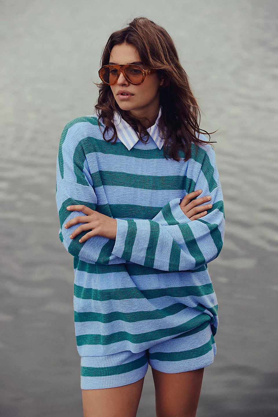 Stylish And Minimalist Striped Womens Two Piece Set