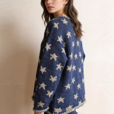 Womens Retro Star Jacquard Loose Casual Contrast-Color Sweater Top