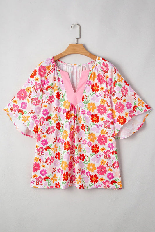 White Floral Split V Neck Wide Short Sleeve Plus Size Blouse Top