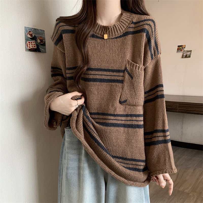 Lazy Sweater Pocket Contrast Color Striped Round Neck Pullover
