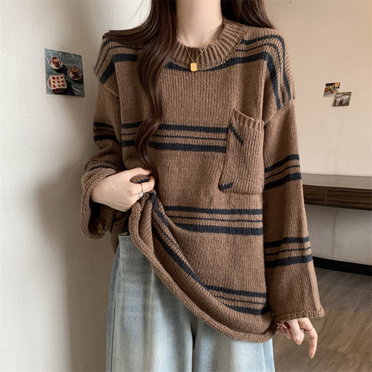 Lazy Sweater Pocket Contrast Color Striped Round Neck Pullover
