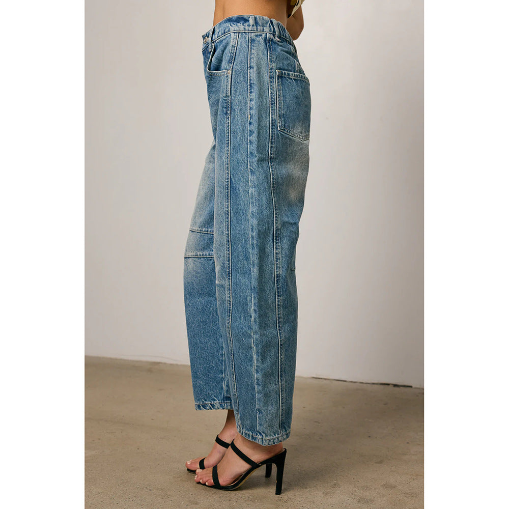 Womens Jeans Loose Straight Leg Washed Denim With A Wide Leg Draping Fit