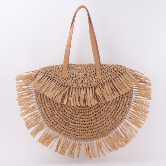 New Semi-circular Tassel Straw Shoulder Bag With Tassels And Paper Trim