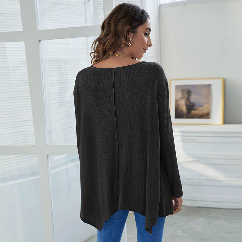 V-neck Irregular Casual Slub Cotton European And American T-shirt Women