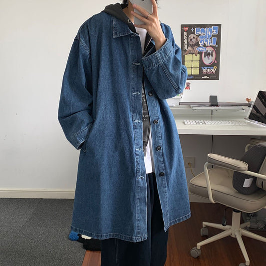 Denim Trenchcoat Koreansk Stil Bær Temperament Mellemlang Længde