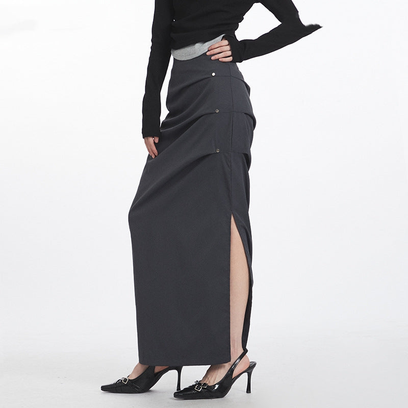 Retro Pleated Design Casual Temperament Midi Skirt