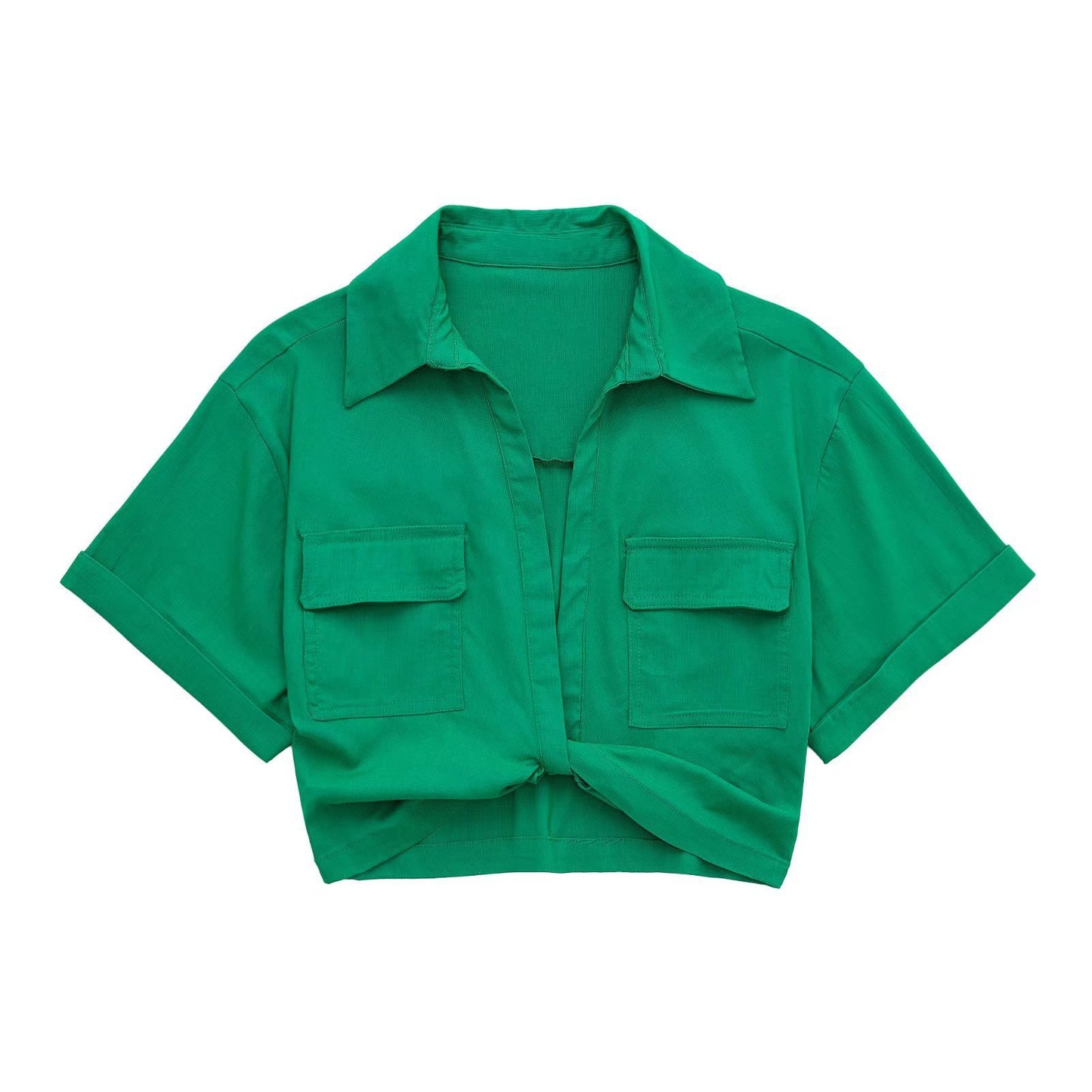 Solid Color Versatile Knot Embellishment Double Pocket Short Sleeved Shirt