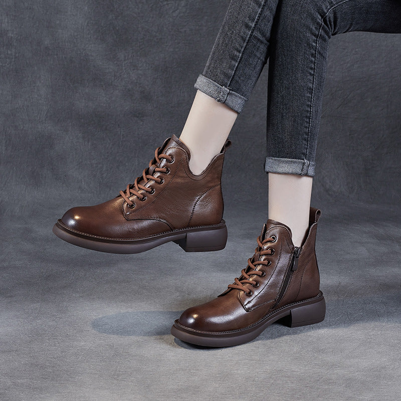 Women's V-mouth Lace-up Flat Leather Short Martin Boots