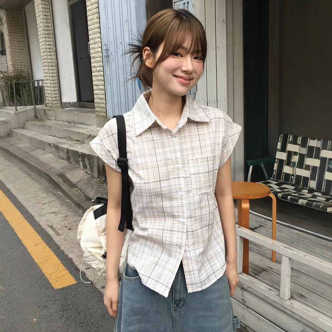 British Style Wooden Ear V-neck Plaid Shirt Elegant Waist Button Puff Sleeve Top