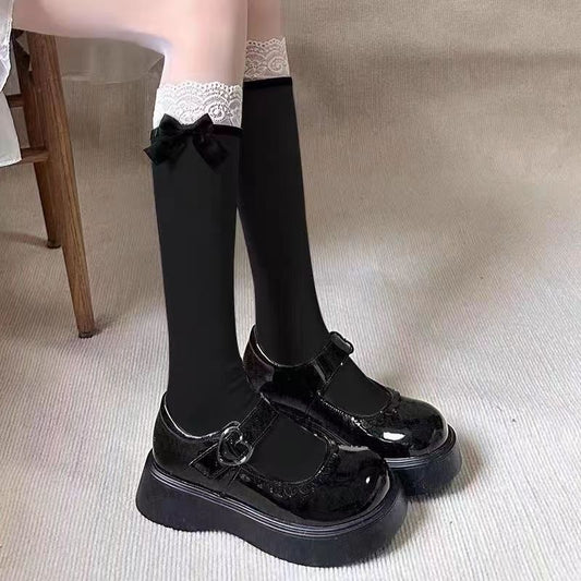 Lace-trimmed Breathable Calf Socks With A Bow Detail