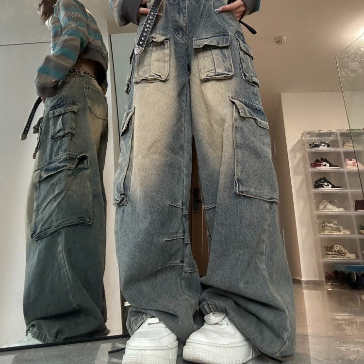 American Multi-pocket Workwear Jeans Women's Wide Leg Loose Washed Distressed Pants
