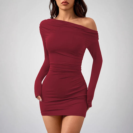 Solid-color Form-fitting Dress With A One-shoulder Design And Long Sleeves