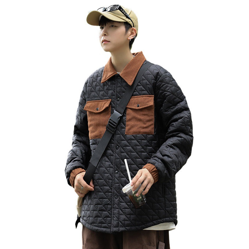 Diamond Lattice Quilted Shirt Collar Cotton-padded Coat