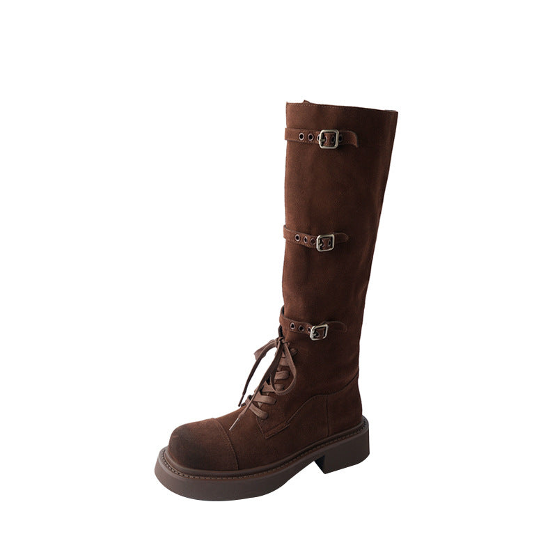 Women's Cowhide Lace-up Motorcycle-style Thigh-high Boots