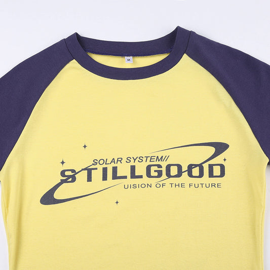 Contrasting Letter Print Raglan Short Sleeve Ladies Top