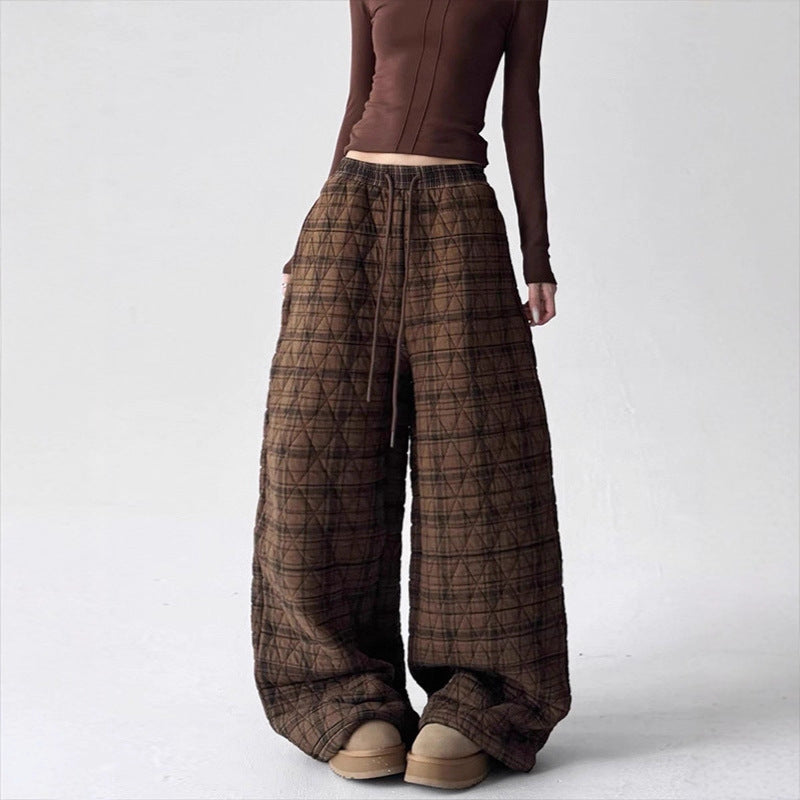 European And American Street-style Casual High-waisted Straight-leg Retro Wide-leg Fleece-lined Pants