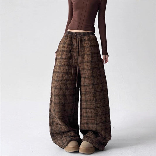 European And American Street-style Casual High-waisted Straight-leg Retro Wide-leg Fleece-lined Pants