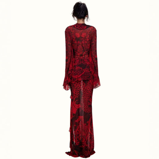 New French Style Retro Solid Color Lace Deep V Flared Sleeve Split Dress