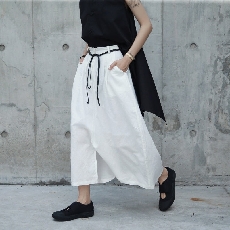 White Cotton Linen Pants Circular Linen Loose Casual Culotte
