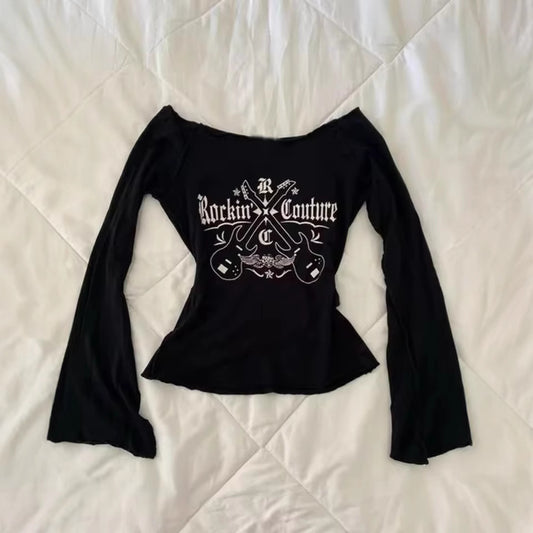 Trykt langærmet off-shoulder slim-fit slankende stil til kvinder – ren desire-stil