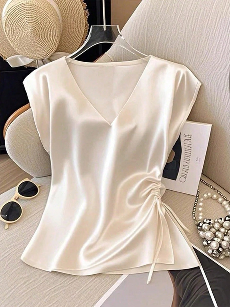 Womens Solid-Color Casual Satin V-Neck Top With Drawstring Hem