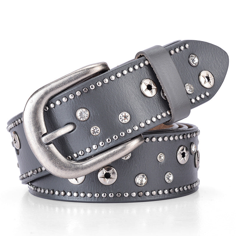 Fashion Trend Ladies Leather Rivet Rhinestone Inlaid Pin Buckle Belt