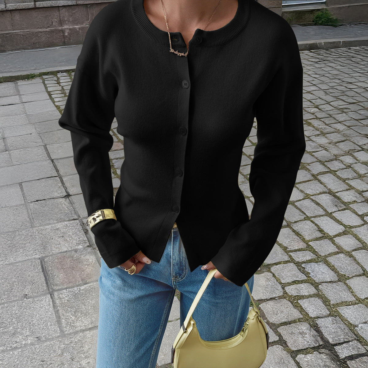 Womens Casual Retro Solid-Color Sweater Cardigan