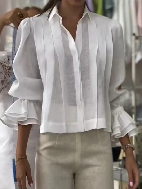 Pleated Solid Color Stitching Short Sleeve Shirt