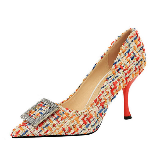 Shallow Mouth Pointed Toe Color-blocking Cloth Metal Rhinestone Square Buckle Single Shoes