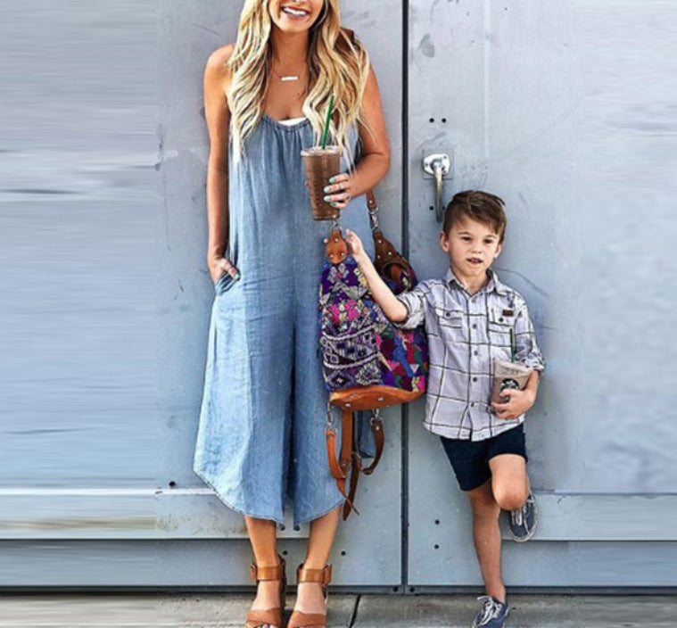 Suspender Jeans Loose Wide Leg Rompers