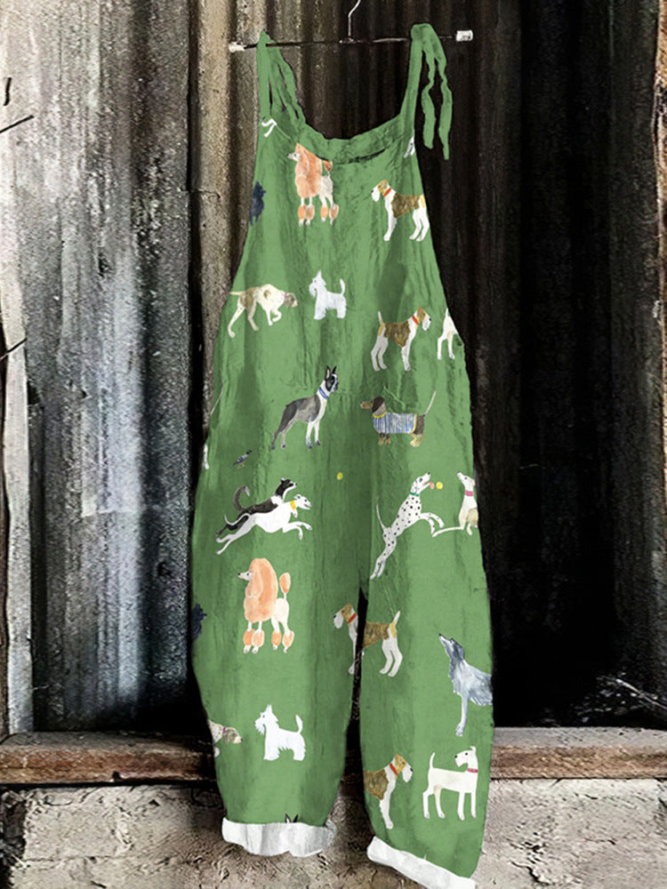 Women's Suspended Pants Sweet Printed Vintage Suspender Pants