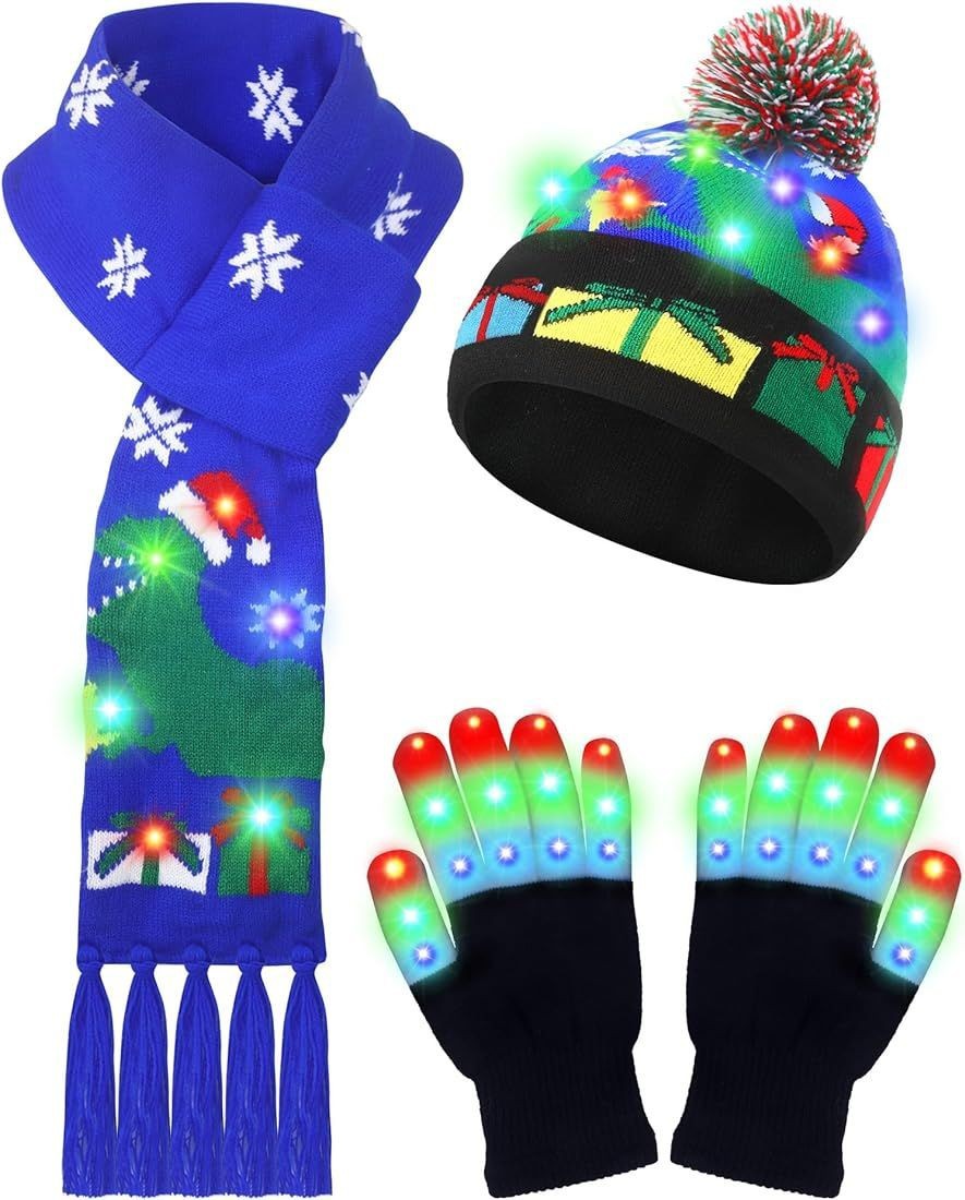 LED Christmas Knitted Hat Scarf Gloves Three-piece Set