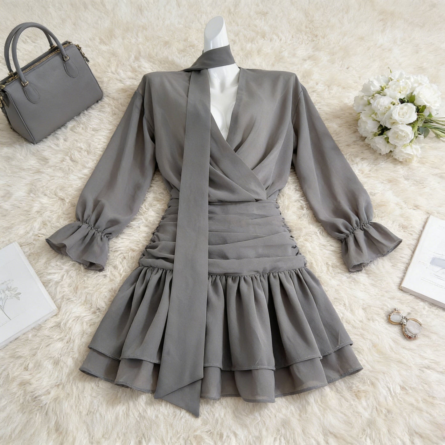 New Chiffon Figure-flattering Short Skirt Black Dress