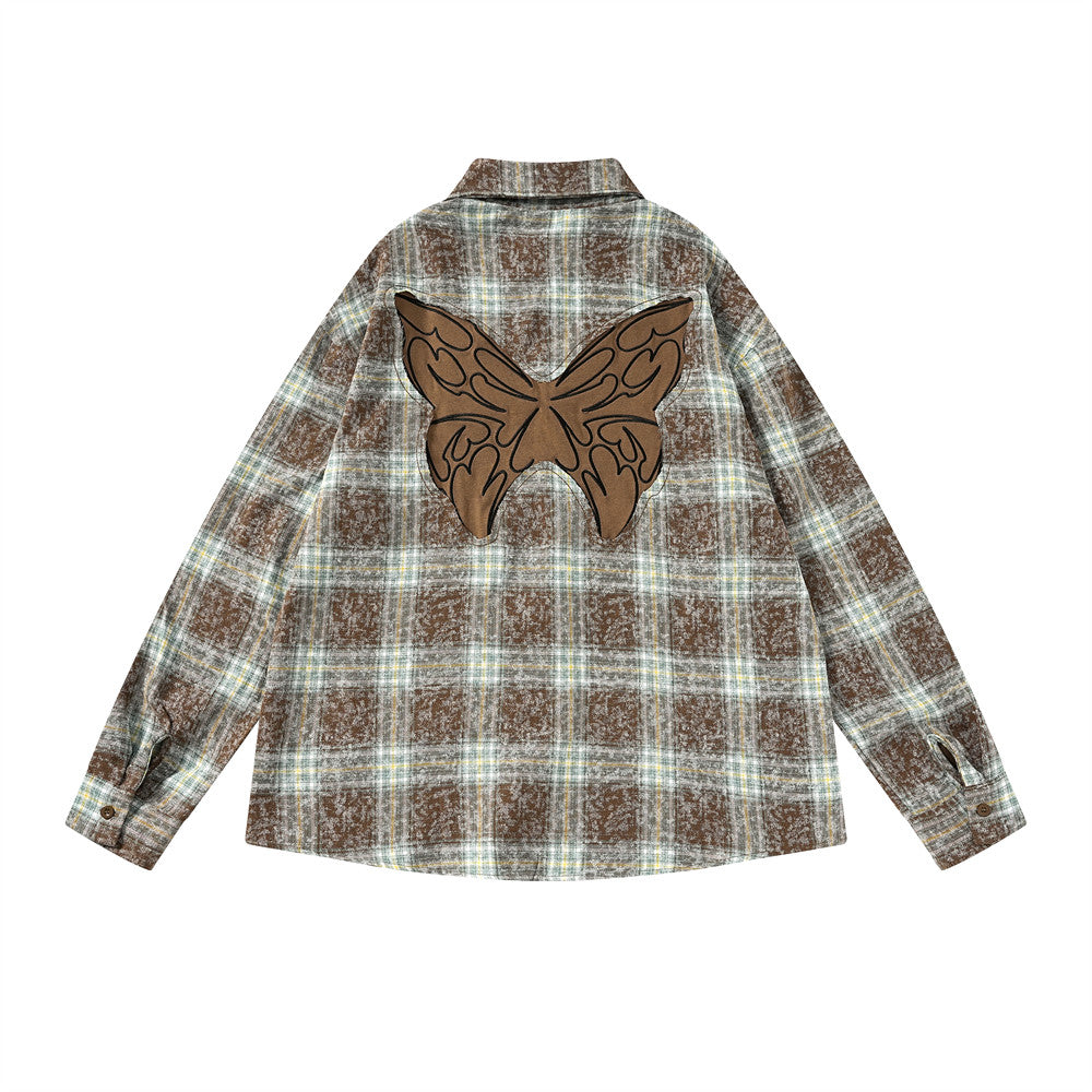 Plaid Embroidered Long-sleeved Shirt For Men Spring And Autumn