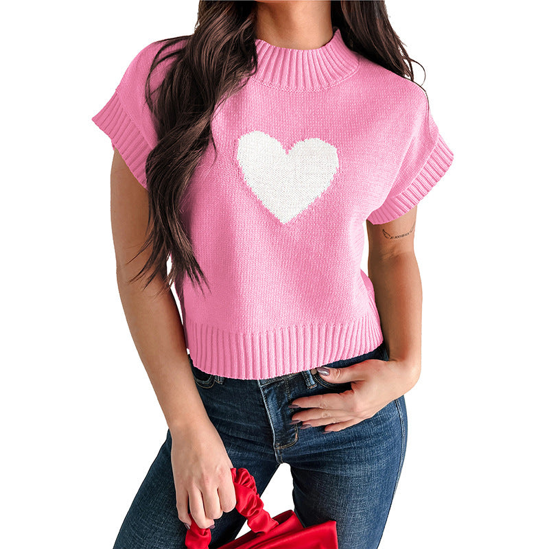Womens Casual All-Match Heart-Shaped Short-Sleeve Knitted Sweater