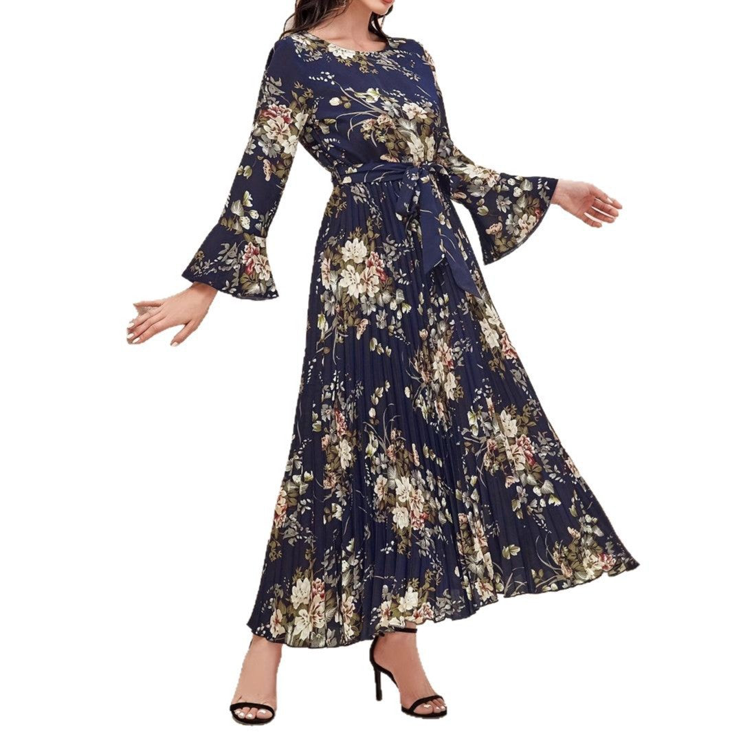 Round-neck Ruffled-sleeve Pleated-hem Dress