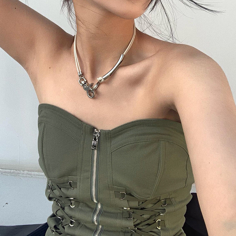 Hot Girl Style Bandage Zipper Tube Top Green Slim Fit Thin One-shoulder