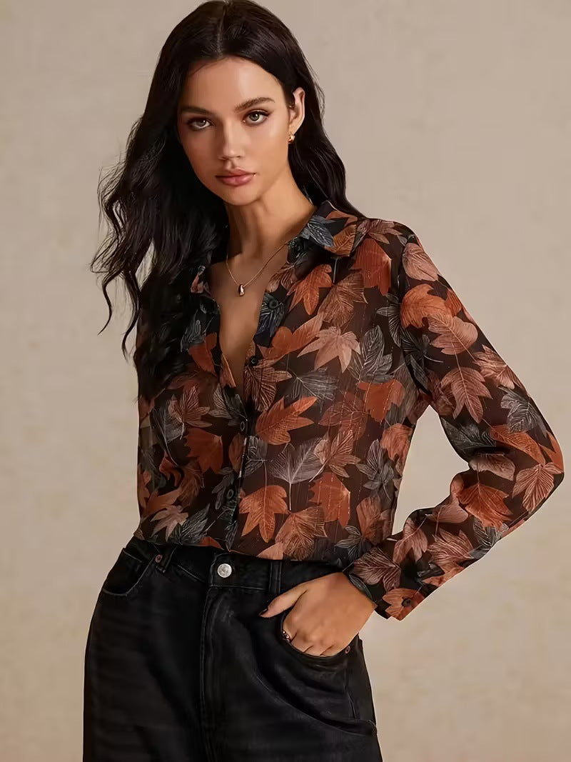 Simulated Silk Loose-Fit Oil Painting Print Summer Long-Sleeve Shirt